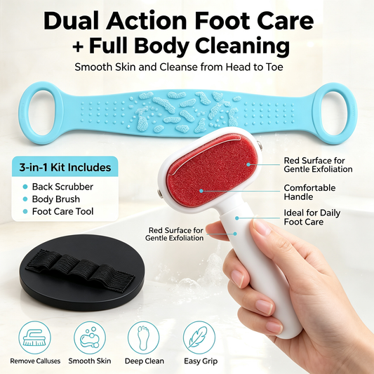 3-in-1 Shower Kit | Deep Clean From Head to Toe At-Home Spa Set | Back Scrubber, Body Brush & Foot Smoother