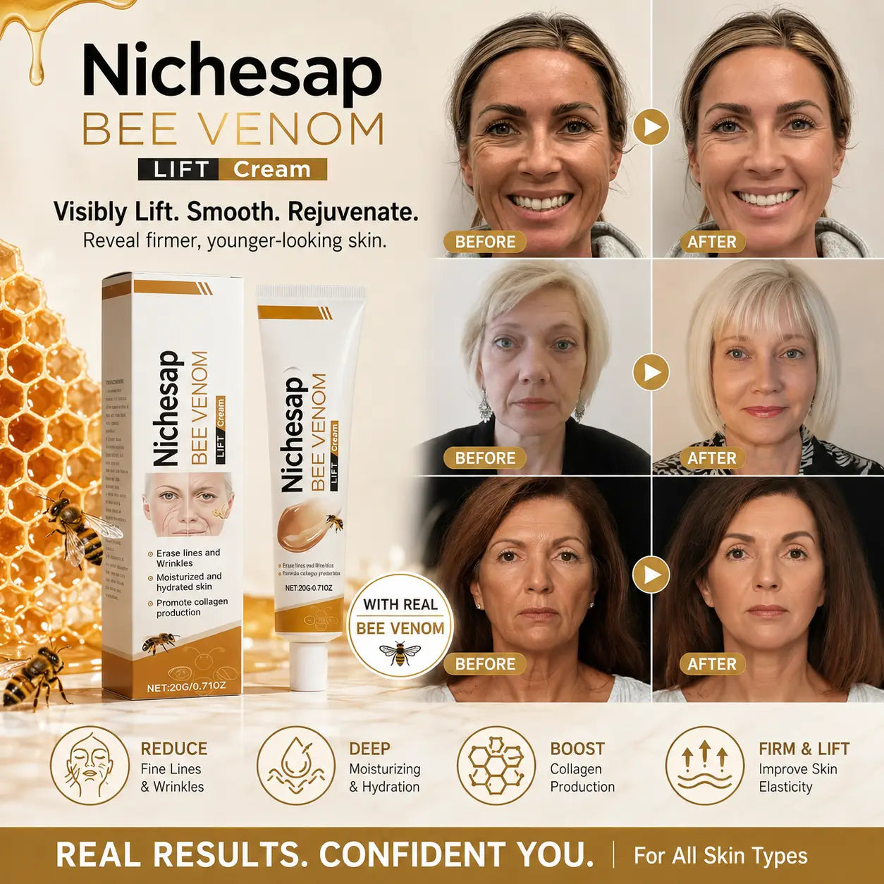 Bee Venom Lifting Cream - Erase Wrinkles & Fine Lines Instantly! Instant Face Lift & Collagen Booster for Youthful, Plumping Skin