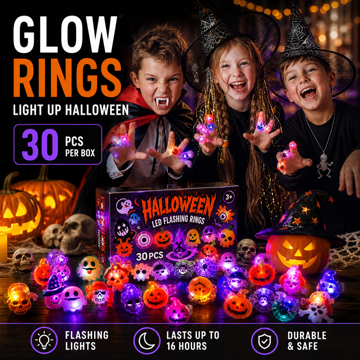 🔥🎃 Each Box‼️✨LED Light Halloween Glowing Ring 💍| Flashing Light‑Up Party Favor for Halloween Night👻