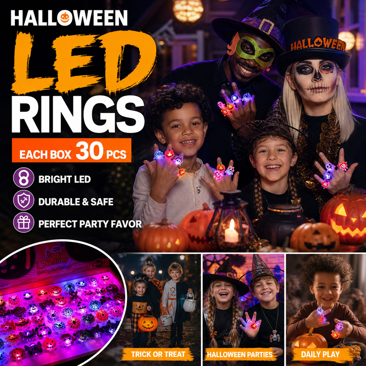 🔥🎃 Each Box‼️✨LED Light Halloween Glowing Ring 💍| Flashing Light‑Up Party Favor for Halloween Night👻