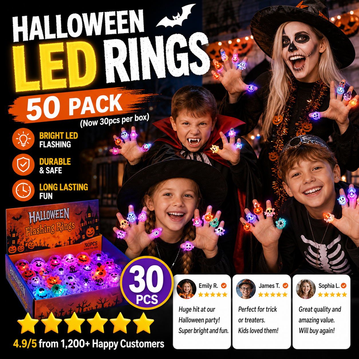 🔥🎃 Each Box‼️✨LED Light Halloween Glowing Ring 💍| Flashing Light‑Up Party Favor for Halloween Night👻