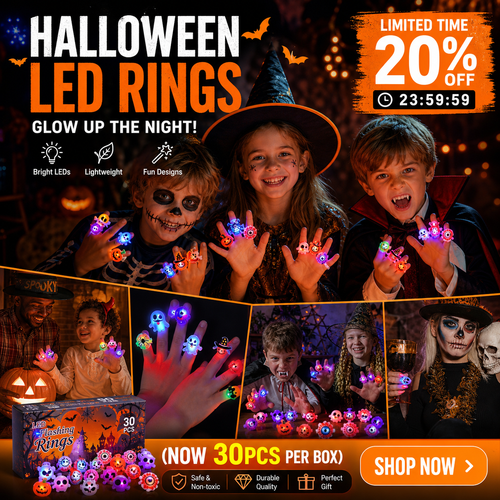 🔥🎃 Each Box‼️✨LED Light Halloween Glowing Ring 💍| Flashing Light‑Up Party Favor for Halloween Night👻